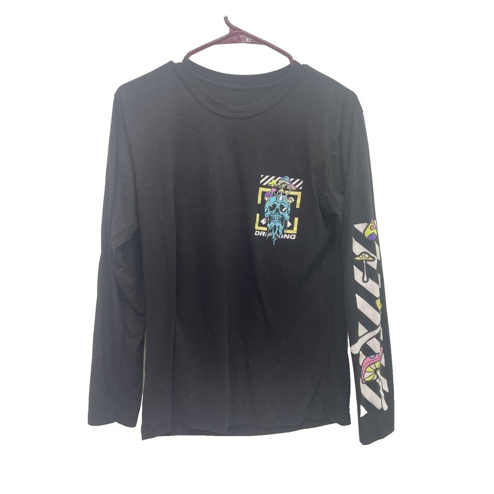 Fresh‎ Laundry Skull Mushroom Graphic Long Sleeve Shirt Mens Small Black Good